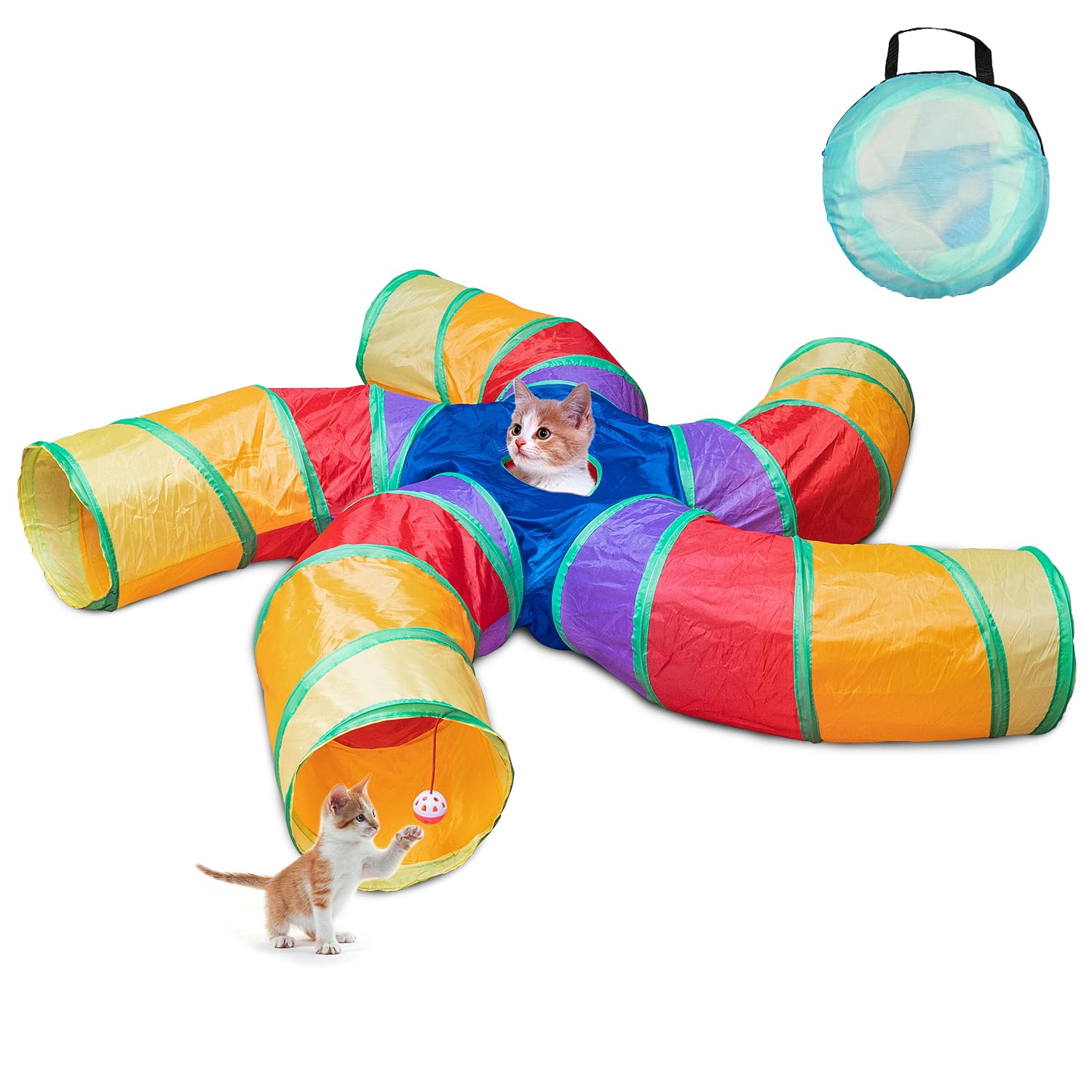 Depets 5-Way Cat Tunnel for Indoor Cats is a large, S-shaped tunnel featuring a play ball for enhanced fun. 